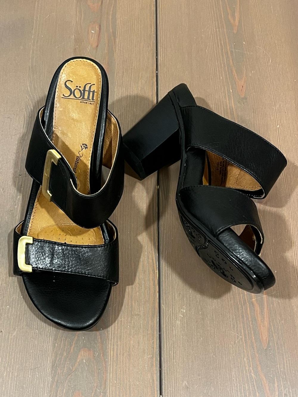 Sofft Damia Stacked Heel Slide Sandals Size 8 Black Leather Strappy Gold Buckles